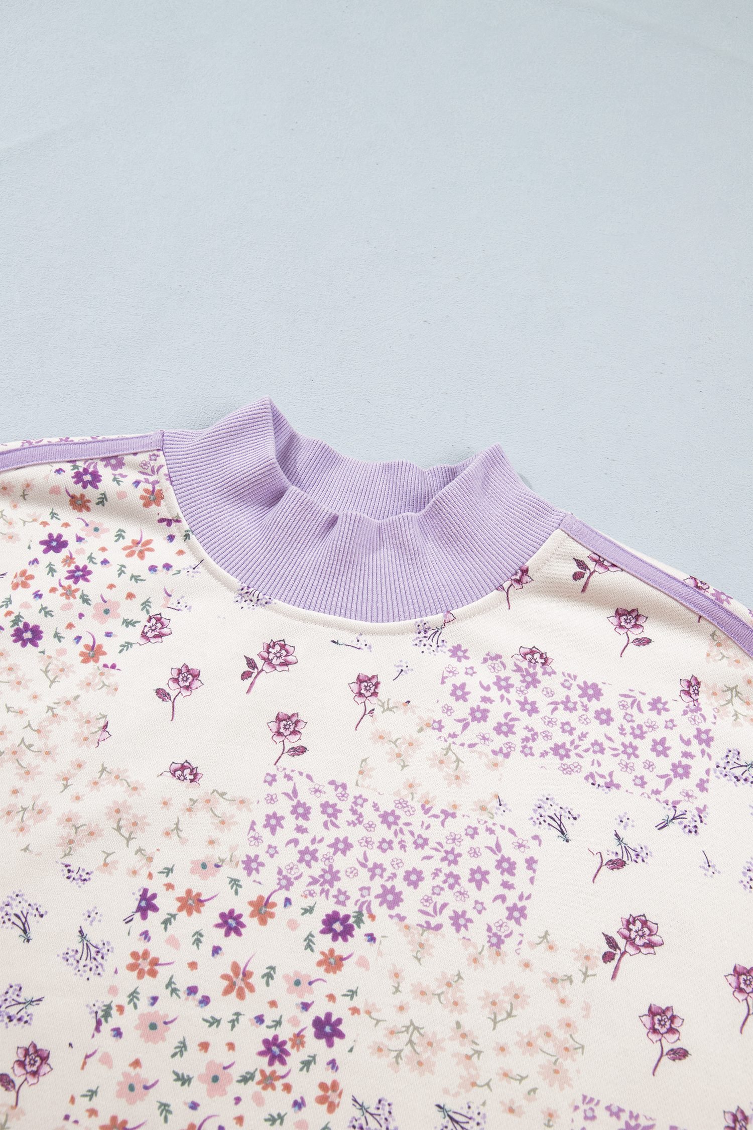 Purple Floral Print High Neck Colorblock Sleeve Paneling Sweatshirt