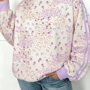 Purple Floral Print High Neck Colorblock Sleeve Paneling Sweatshirt