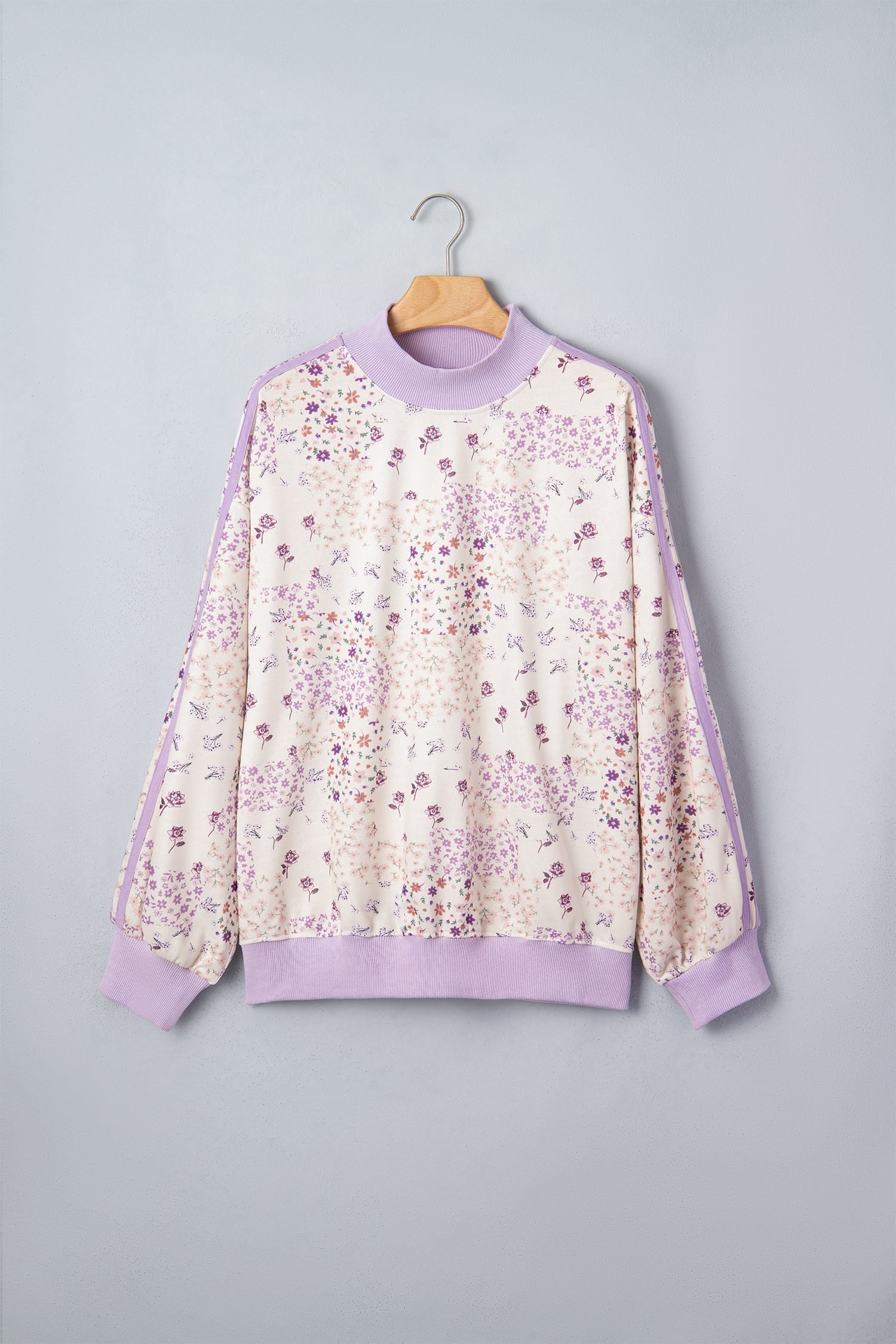 Purple Floral Print High Neck Colorblock Sleeve Paneling Sweatshirt
