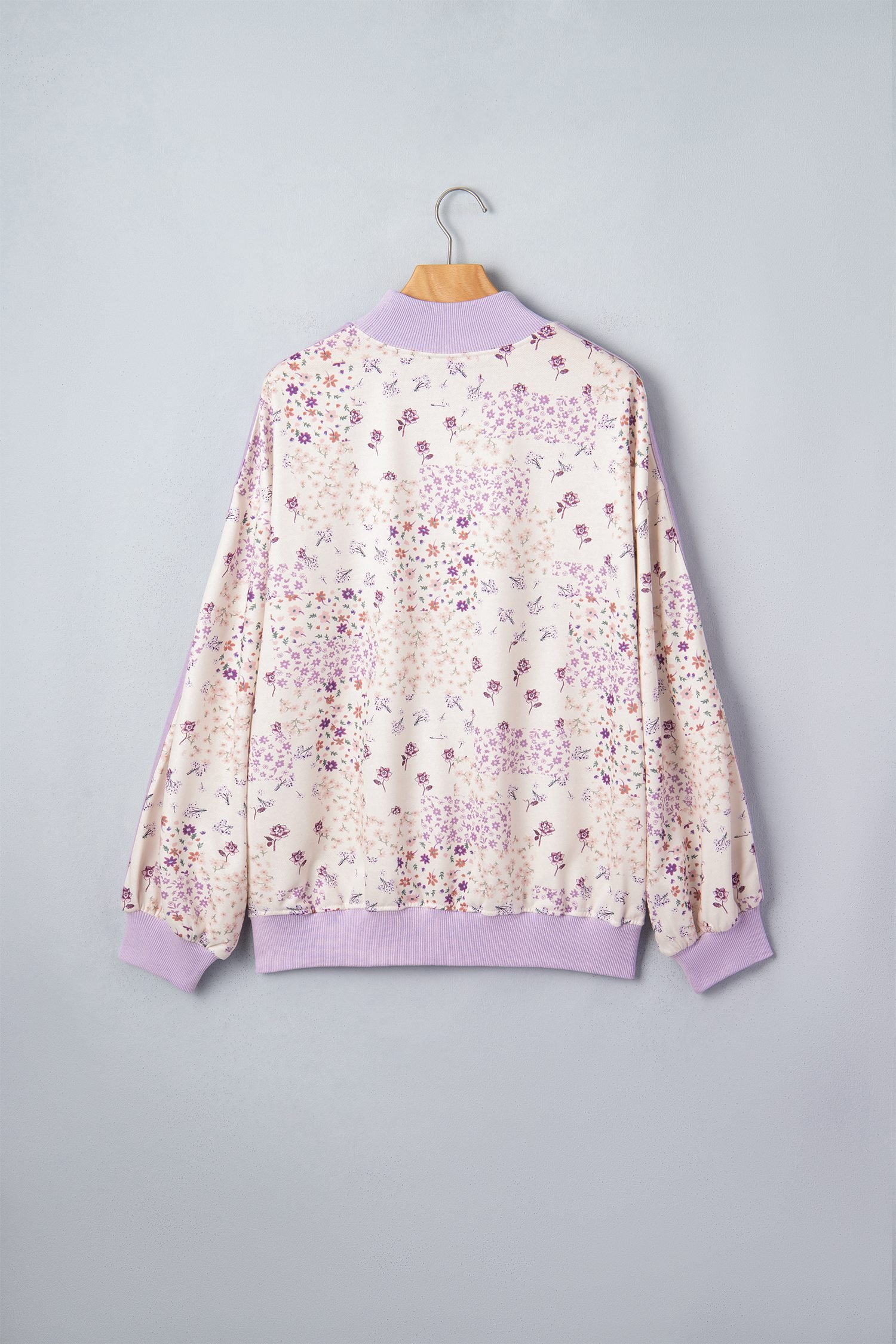 Purple Floral Print High Neck Colorblock Sleeve Paneling Sweatshirt