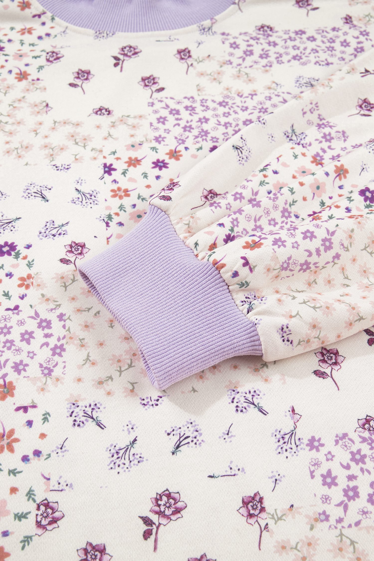 Purple Floral Print High Neck Colorblock Sleeve Paneling Sweatshirt
