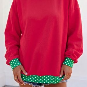 Racing Red Colorblock Polka Dot Contrast Trim Oversized Sweatshirt