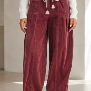 Racing Red Elastic Waist Drawstring Corduroy Casual Pants