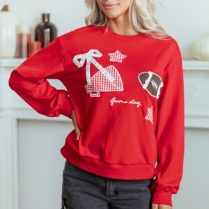 Racing Red Gingham Patch Embroidered Rugby Game Day Stars Sweatshirt