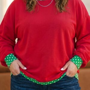 Racing Red Polka Dot Patchwork Round Neck Plus Size Sweatshirt
