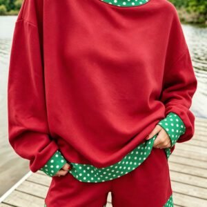 Racing Red Polka Dot Trim Baggy Pullover 2pcs Short Set