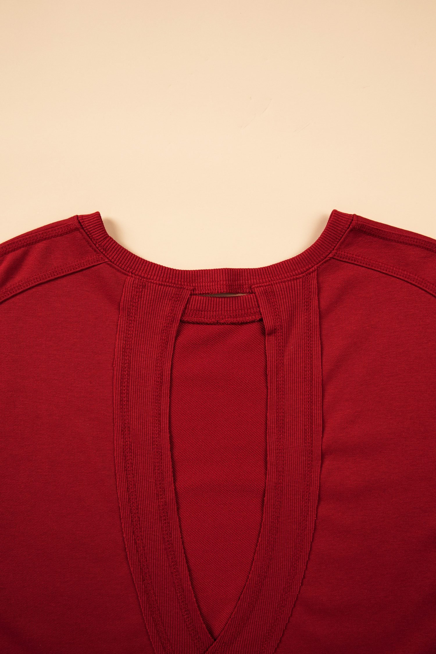 Racing Red Ribbed Detail Drop Shoulder Cutout Back Sweatshirt