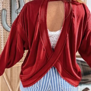 Racing Red Ribbed Detail Drop Shoulder Cutout Back Sweatshirt