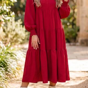 Racing Red Solid Color Ruffle Trim Long Sleeve Tiered Shift Midi Dress