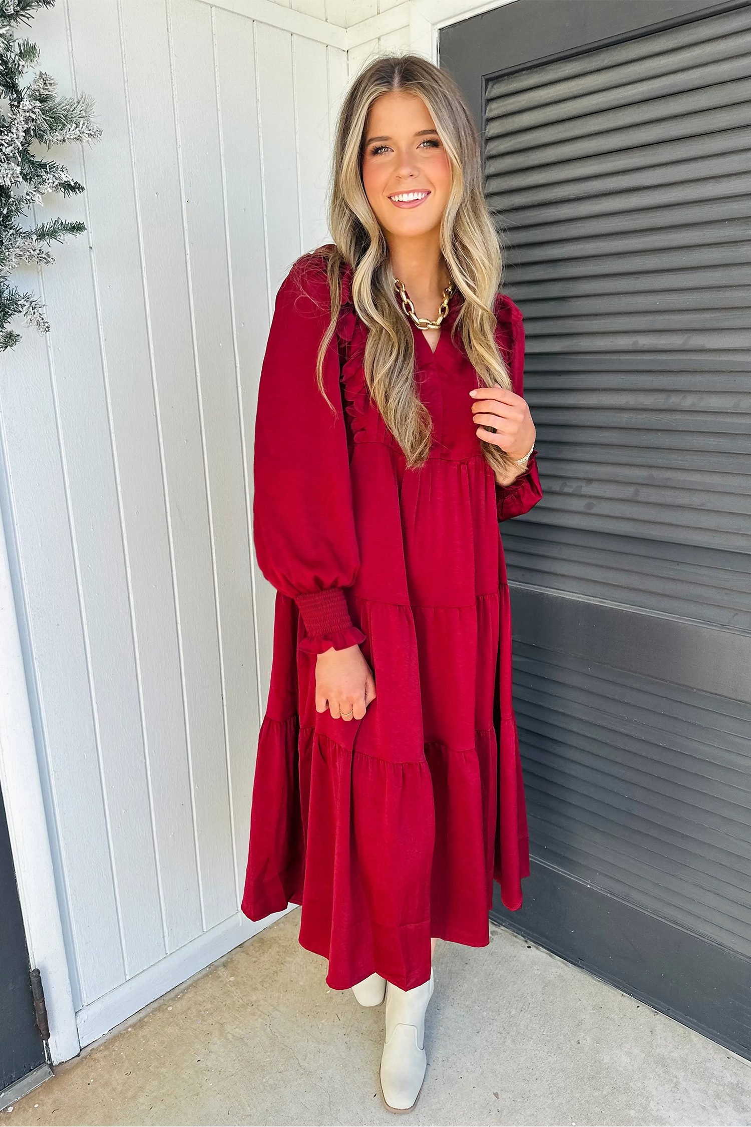 Racing Red Solid Color Ruffle Trim Long Sleeve Tiered Shift Midi Dress