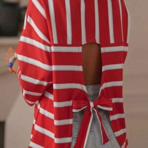 Racing Red Striped Bow Tie Hollowed Back 7/8 Sleeve Casual T-Shirt