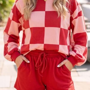 Red Checkerboard Plaid Long Sleeve Solid Color Shorts 2pcs Set