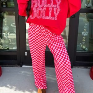 Red Christmas Slogan Graphic Plaid Contrast Two-piece Pant Set