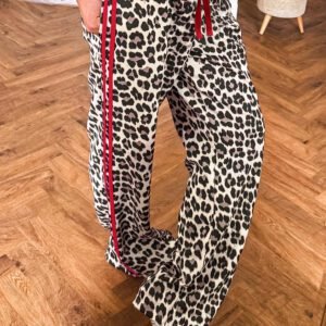 Red Contrast Detail Tie Waist Leopard Print Casual Pants