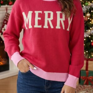 Red Drop Shoulder Round Neck Letter Print Colorblock Sweater