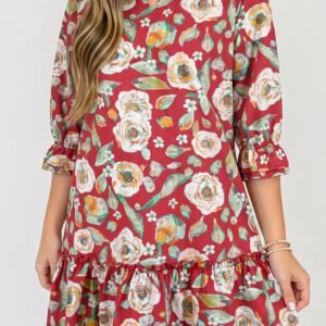 Red Floral Print Half Sleeve Short Shift Dress