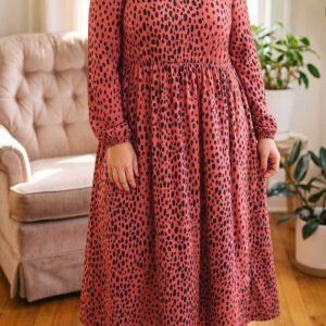 Red Leopard Print Long Sleeve V Neck Plus Size Midi Dress
