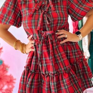 Red Plaid Knot Neck Short Sleeve Mini Shift Dress