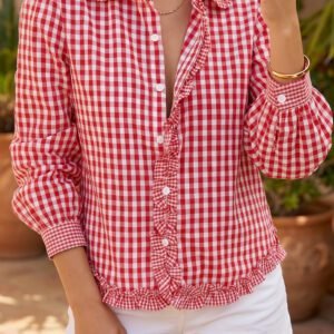 Red Plaid Long Sleeve Button Down Frill Detail Casual Shirt