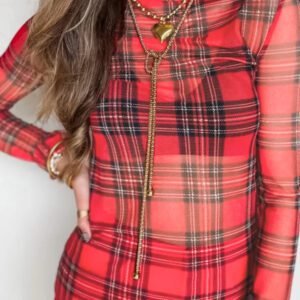 Red Plaid Round Neck Long Sleeve Pullover Top