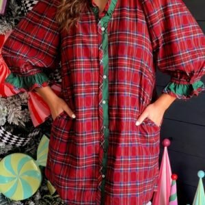Red Plaid Ruffle Cuff Button Front Pocket Mini Dress