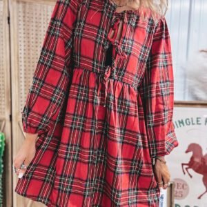 Red Plaid Tie Front Long Sleeve Short Shift Dress