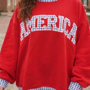 Red Plaid Trim High Neck AMERICA/ USA Letter Graphic Baggy Sweatshirt