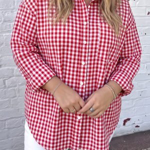 Red Plaid V Neck Long Sleeve Tunic Loose Fit Plus Size Shirt