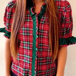 Red Plaid V Neck Ruffle Color Block Trim Short Sleeve Shirt
