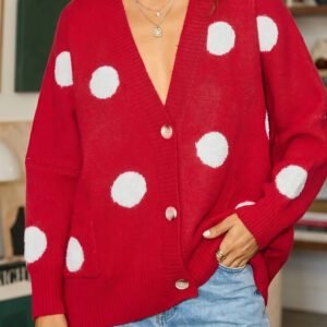Red Polka Dot Button Front Oversized V Neck Cardigan