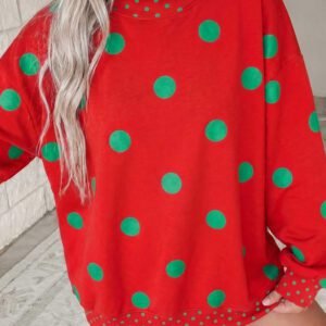 Red Polka Dot Print Contrast Detail Oversized Tunic Sweatshirt