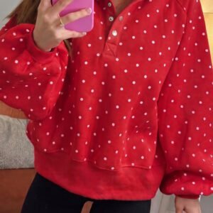 Red Polka Dot Print Metal Button Collar Casual Pullover Sweatshirt