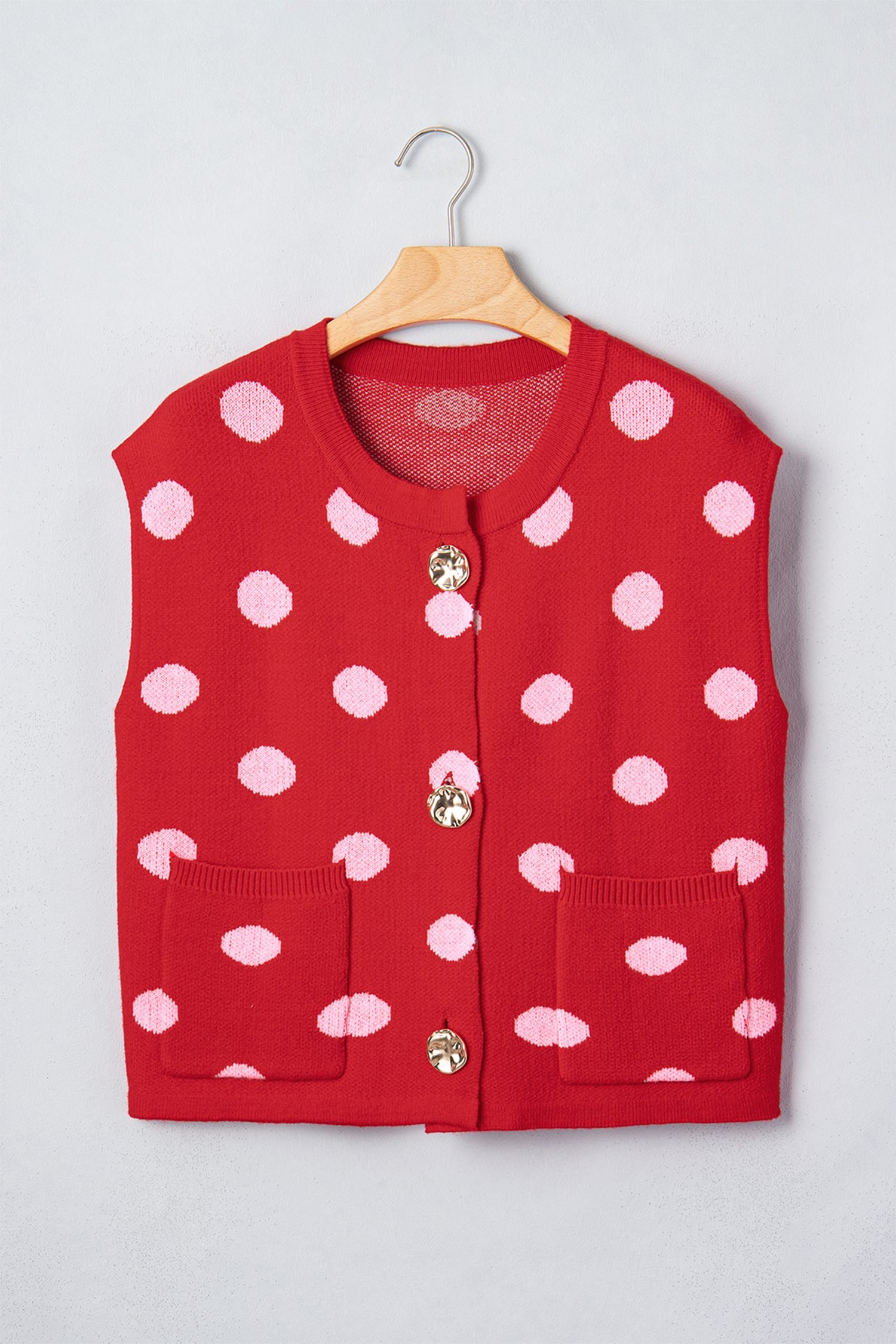 Red Polka Dot Sleeveless Knit Button Drop Shoulder Sweater Vest