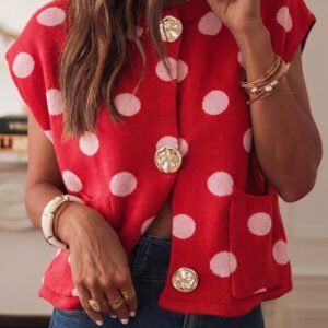 Red Polka Dot Sleeveless Knit Button Drop Shoulder Sweater Vest