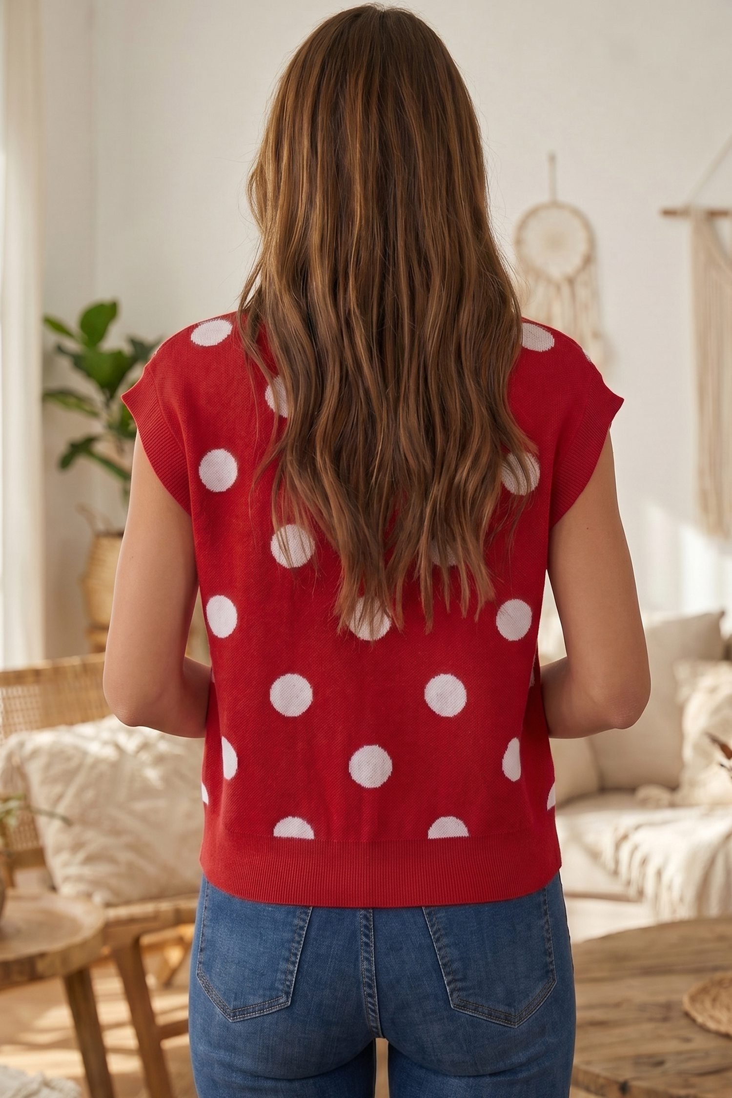 Red Relaxed Polka Dot Print Decorated Button Sweater Vest
