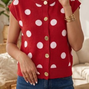 Red Relaxed Polka Dot Print Decorated Button Sweater Vest