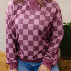Red Ribbed Trim Checkered Print Long Sleeve Pullover Top