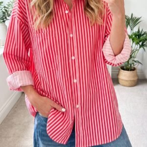 Red Stripe Button-Up Shirt Long Sleeve Patch Pocket Casual Shirt