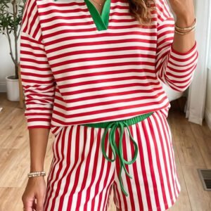 Red Stripe Colorblock Trim Polo Collar Drawstring Elastic Waist Band Casual 2pcs Outfit
