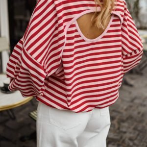 Red Stripe Cutout Open Back Long Sleeve Loose Top