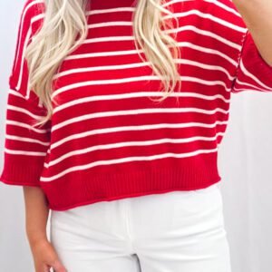 Red Stripe Dropped Shoulder Half Sleeve Relaxed Knit Sweater