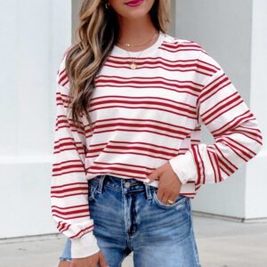 Red Stripe Dropped Shoulder Long Sleeve Casual Pullover Top