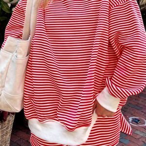Red Stripe Oversize Mock Neck Sweatshirt and Shorts Set