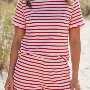 Red Stripe Scallop Trim Casual Top 2pcs Short Set