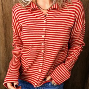 Red Stripe Striped Button Collar Long Sleeve Knit Cardigan