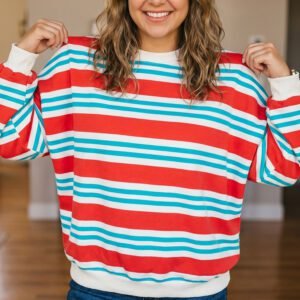 Red Stripe Striped Colorblock Long Sleeve Round Neck Tunic Plus Size Sweatshirt