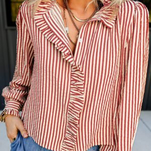 Red Stripe Textured Ruffle Trim Button-Up Long Sleeve Shirt