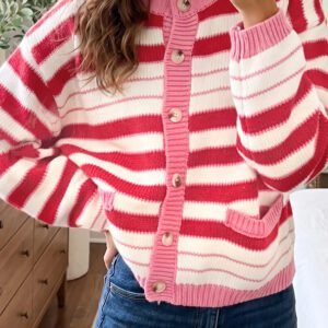 Red Stripe V Neck Long Sleeve Regular Fit Cardigan