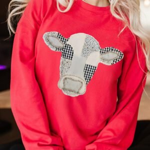 Red Western Patchwork Cow Print Drop Shoulder Graphic Sweatshirt
