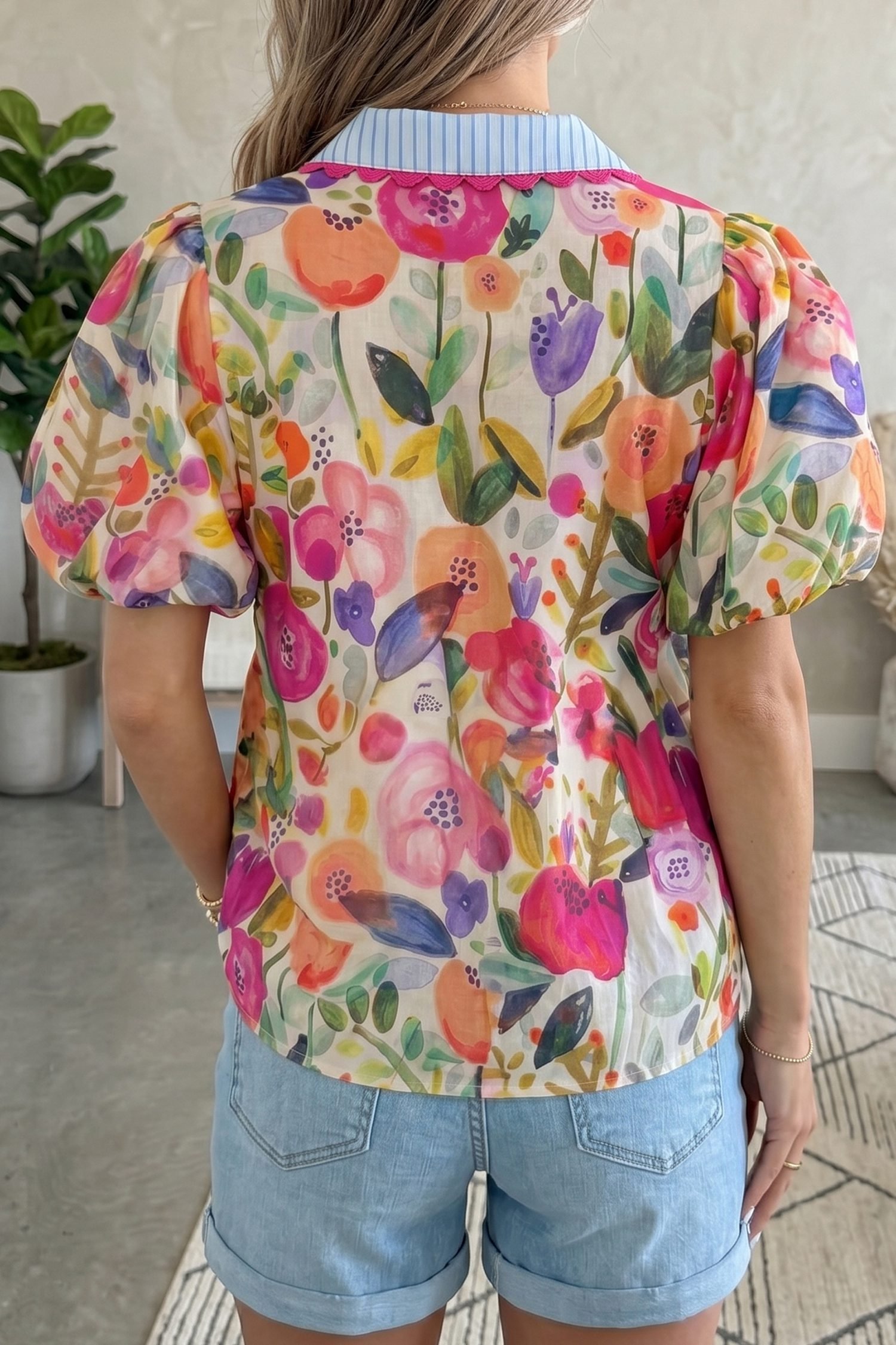 Rose Floral Print V Neck Short Puff Sleeve Cotton Blouse